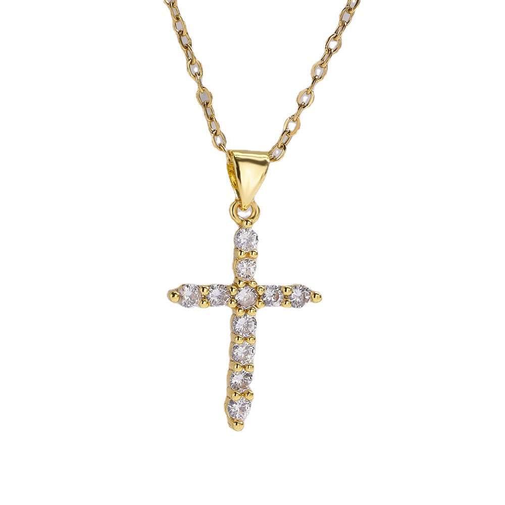 Minimalist Geometric Cross Pendant Necklace for Unisex, Copper Plated with Rhinestone Inlay, O-Chain Style, Fashionable Commuting Jewelry