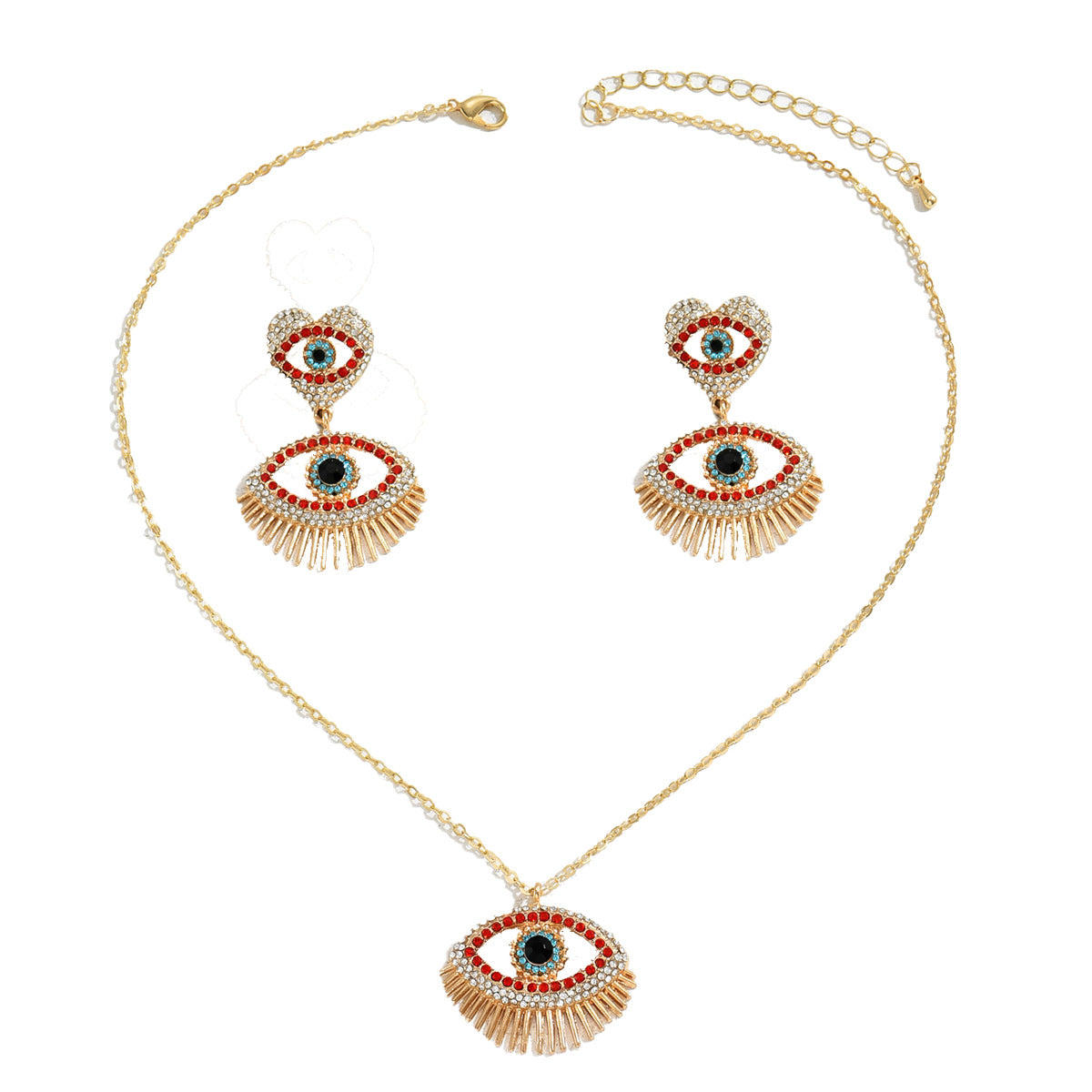 Fashionable Heart-Shaped Alloy Necklace with Rhinestone Inlay and Matching Earrings for Women