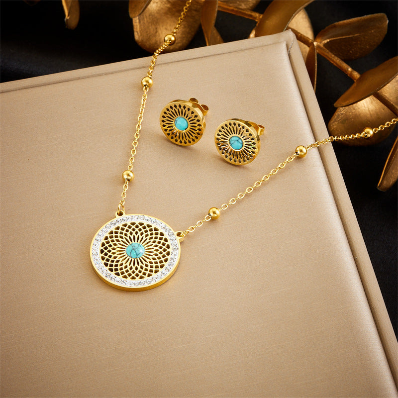 Collana con Ciondolo Turchese Geometrico Svuotato Boho Vintage Set Catena Scatola Acciaio Inox da Donna