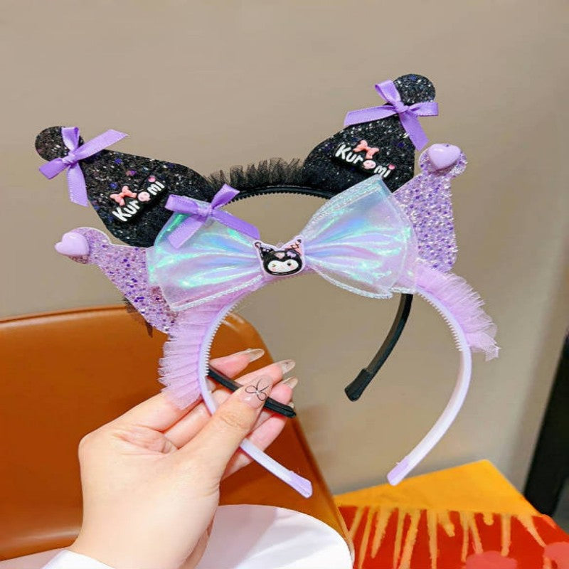 Cute Sanrio Kuromi Hairband for Girls with Bow Design Fabric Headband Sweet Cartoon Hair Accessory for Children Aged 6–10