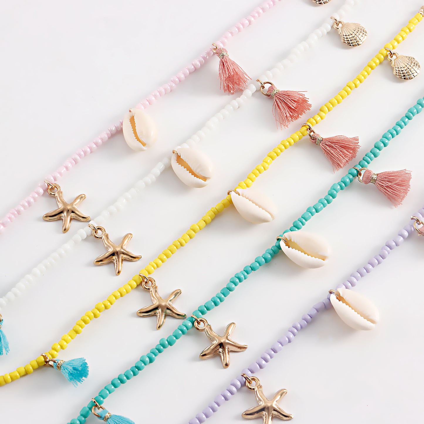 Bohemian-Style Geometric Alloy Anklet with Colorful Seed Beads and Tassel for Women Beach Shell Starfish Design