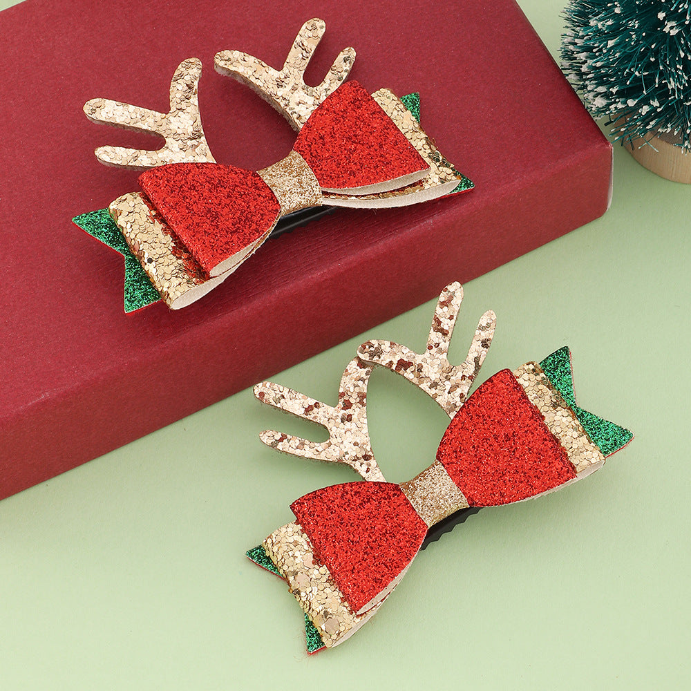 Juego de pinzas de pelo de orejas de ciervo y lazo hechas a mano para niños en piel sintética roja y verde con detalles de purpurina para Navidad