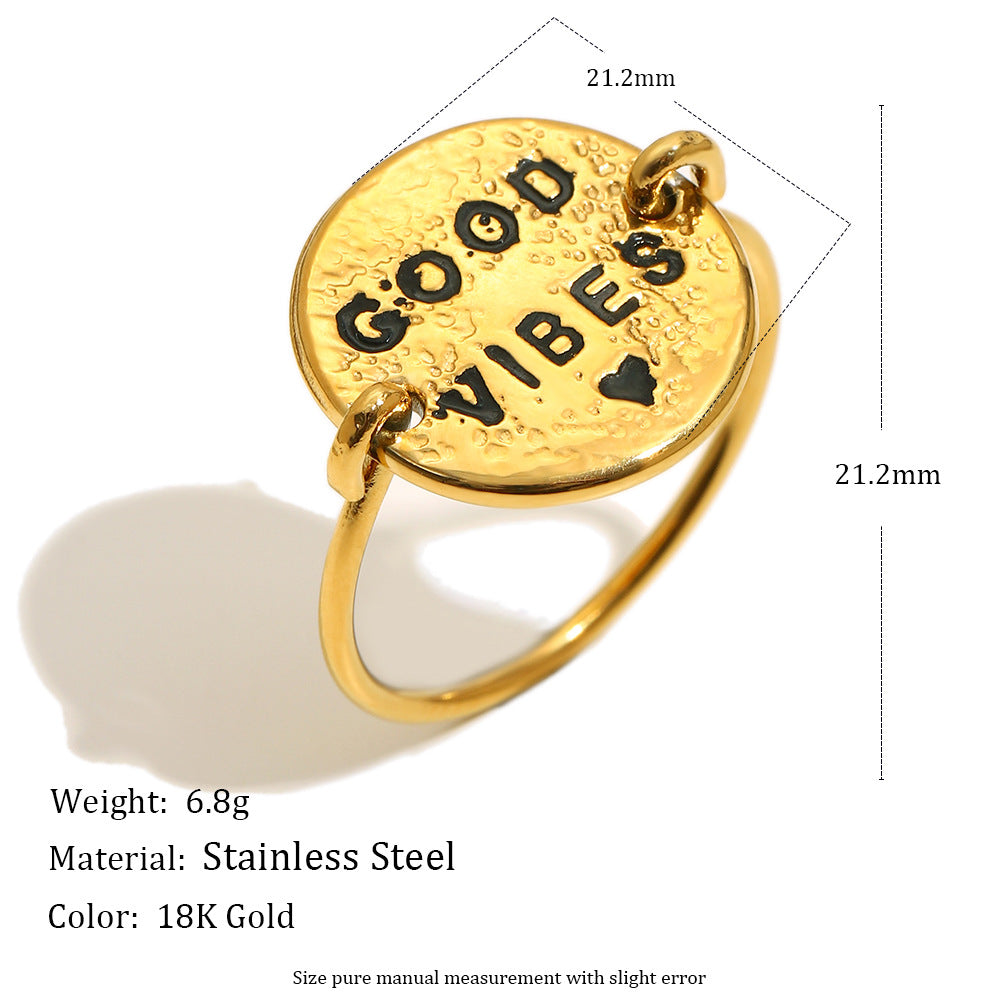 Anello rotondo con lettera placcato oro 18 carati in acciaio inossidabile, stile vintage francese minimalista, da donna