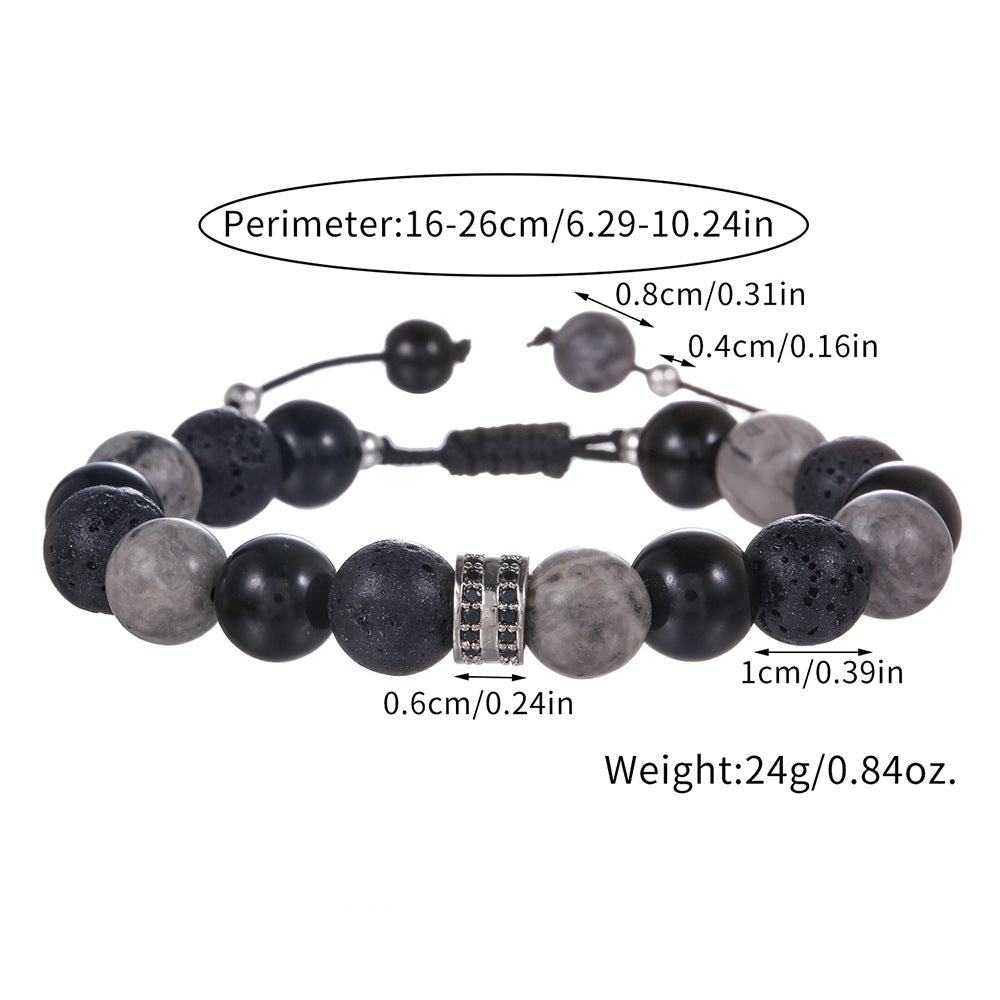Vintage 10mm Round Stone Beaded Bracelet with Brass and Cubic Zirconia Inlay Adjustable Unisex Jewelry