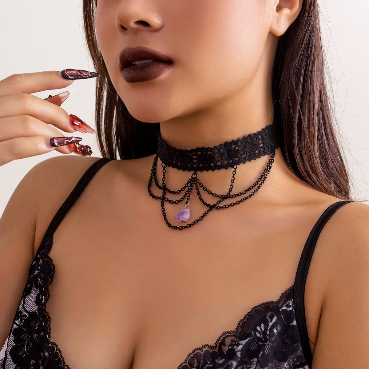 Sweet Casual Lace Choker Necklace with Purple Crystal Pendant and Tassel for Women
