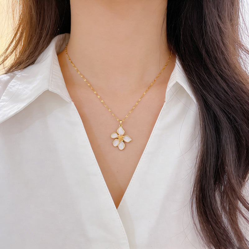 Sweet Drip Oil Floral Rhinestone Pendant Titanium Steel Necklace Cable Chain