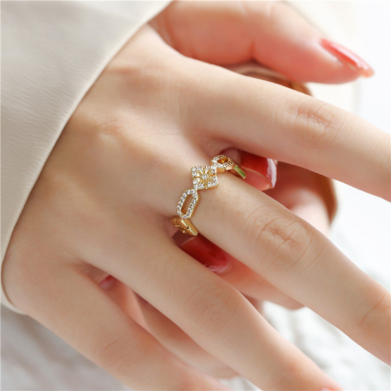 Geometric Micro-Inlay Gold Plated Brass Ring for Women