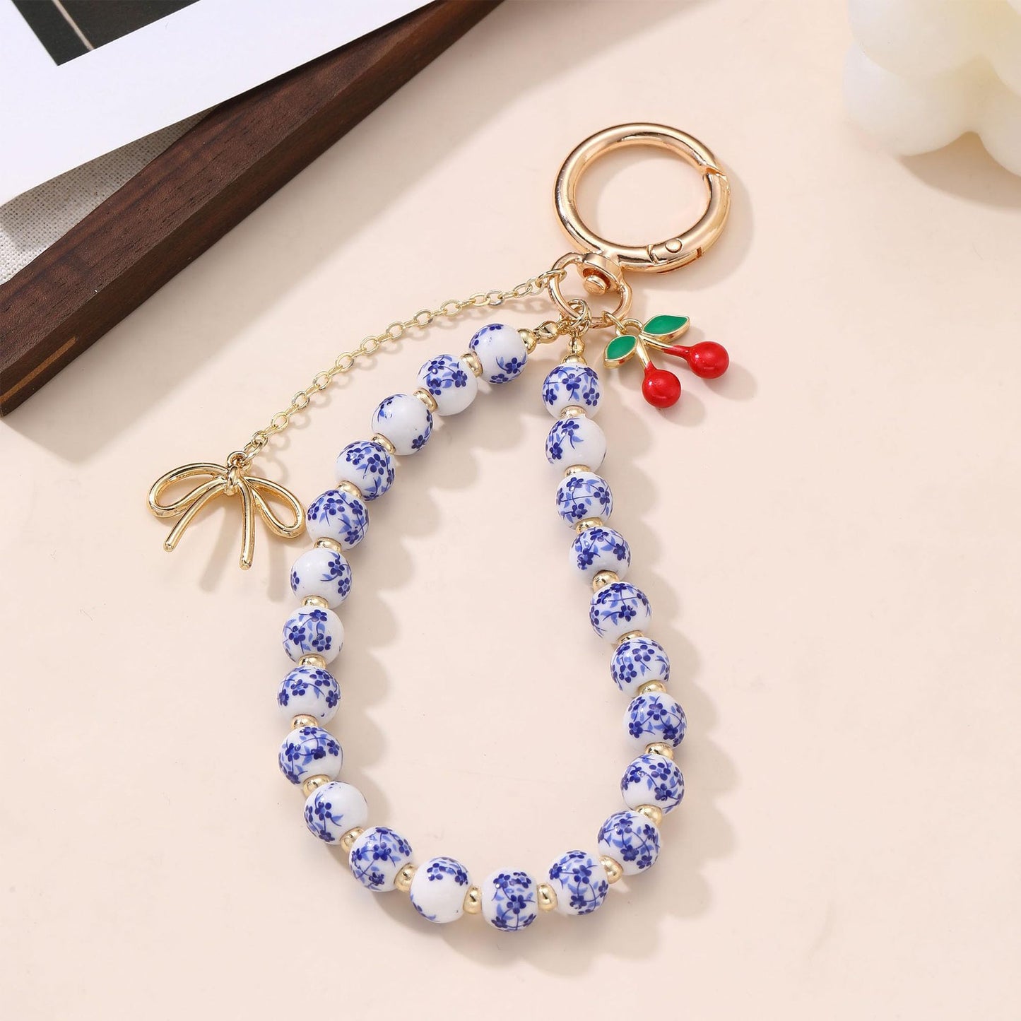Minimalist Ceramic Cherry Pendant Beaded Keychain for Women