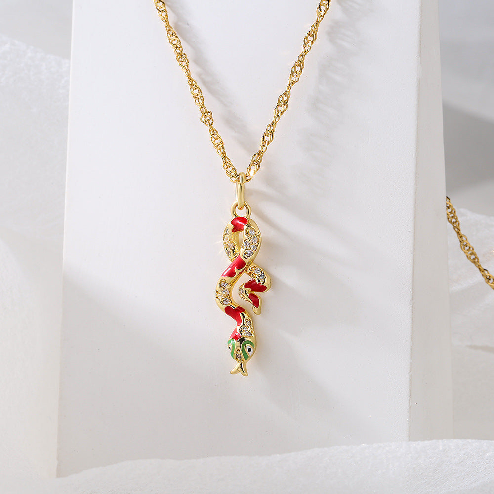 Collana con pendente geometrico minimalista in rame placcato oro 18 carati, finitura smaltata e zirconia micro-incastonata per donna
