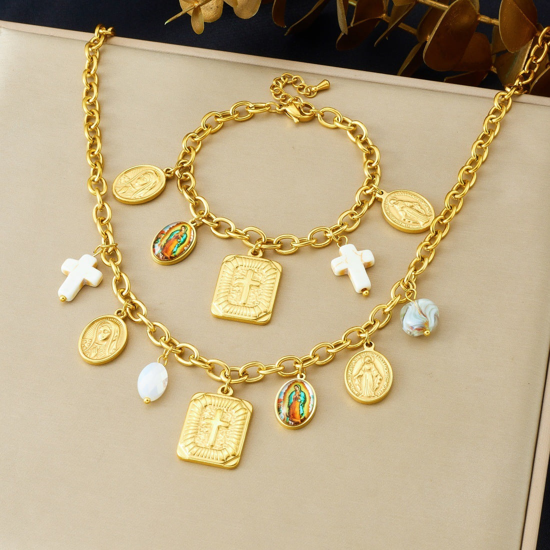 Vintage Elegant Gold Plated Stainless Steel Cross and Round Pendant Necklace Set with Cable Chain for Women