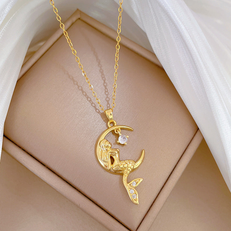 Minimalist Mermaid Shape Titanium Steel Necklace with Zircon Inlay for Women and Men, Delicate Clavicle Chain