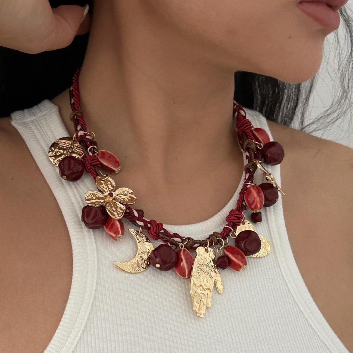 Vintage Geometric Hand Heart Moon Alloy Plated Necklace with Red Beads Rope Chain Unisex