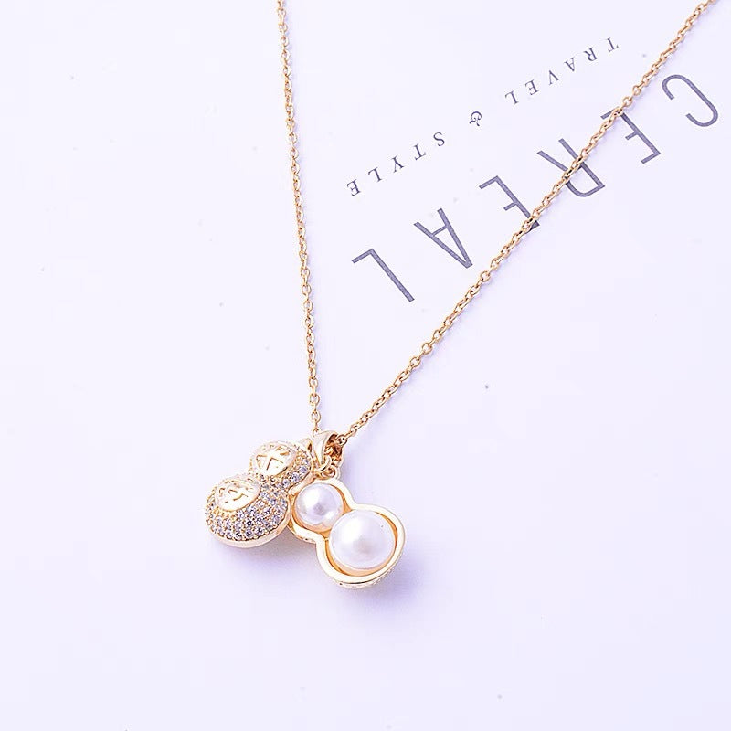Fashionable Double-Sided Gourd Pendant Necklace in Titanium Steel with Zircon Inlay, Peanut-Shaped Charm, Snake Chain Style for Women and Men