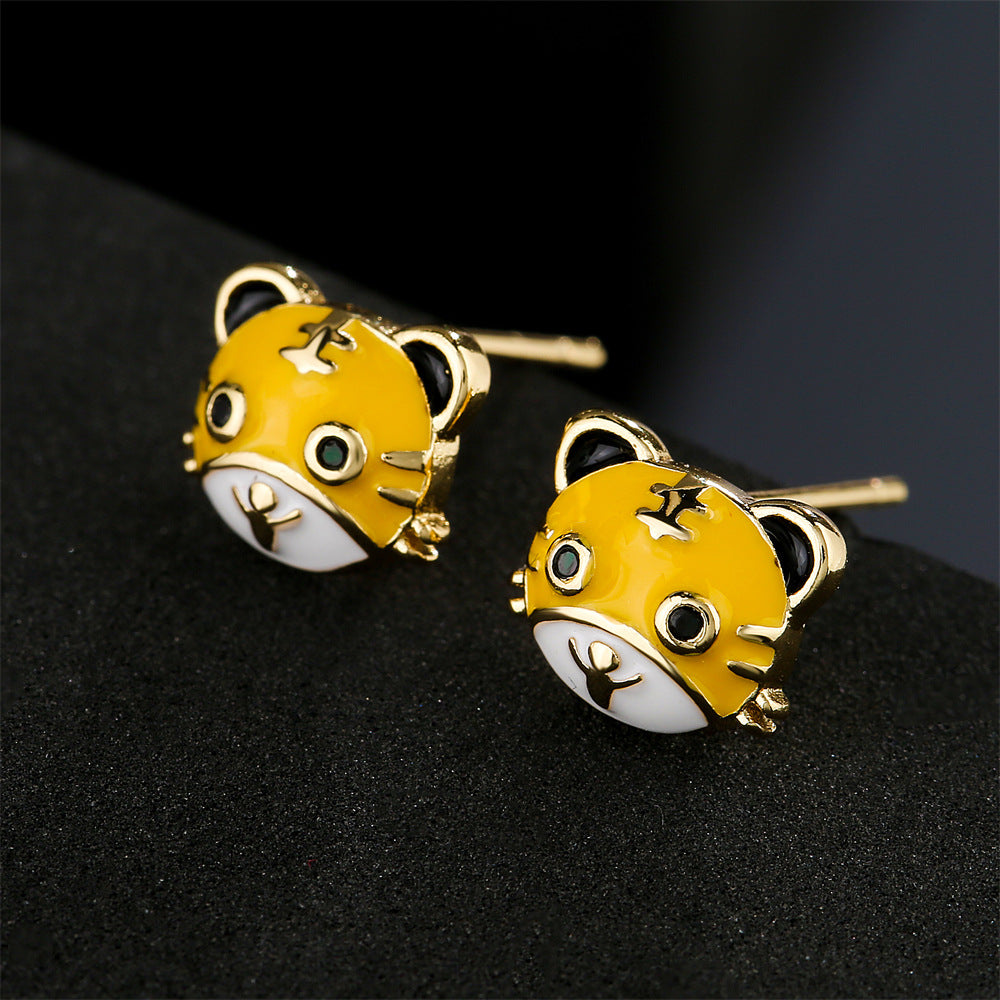 Enamel Tiger-Shaped Earrings in Copper with 18K Gold Plating for Year of the Tiger
