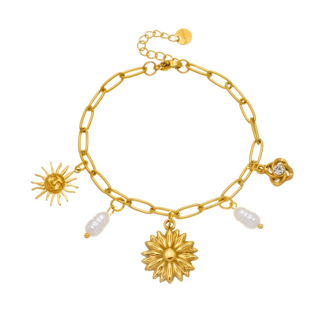 Fashion Elegant Gold Plated Stainless Steel Floral Sun Face Pearl Pendant Cable Chain Bracelet for Women