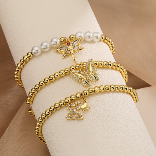 Elegante Bracciale Francese in Rame con Placcatura in Oro, Intarsio di Zirconi, Design a Farfalla e Geometrico, Accessorio di Moda Donna