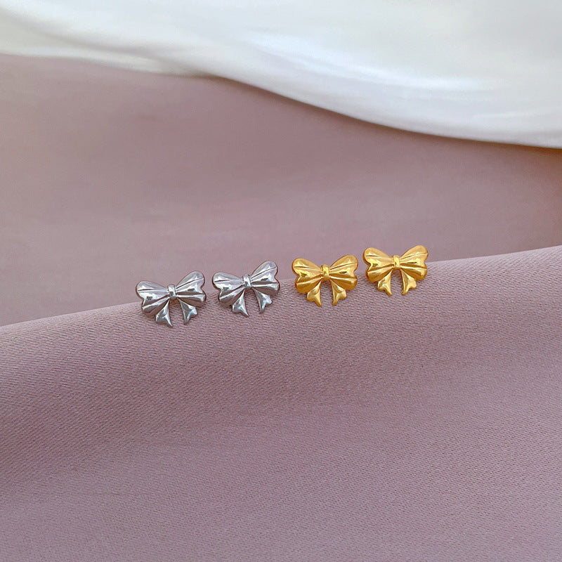 Minimalist Bowknot-Shaped Titanium Steel Stud Earrings with Plated Finish for Women