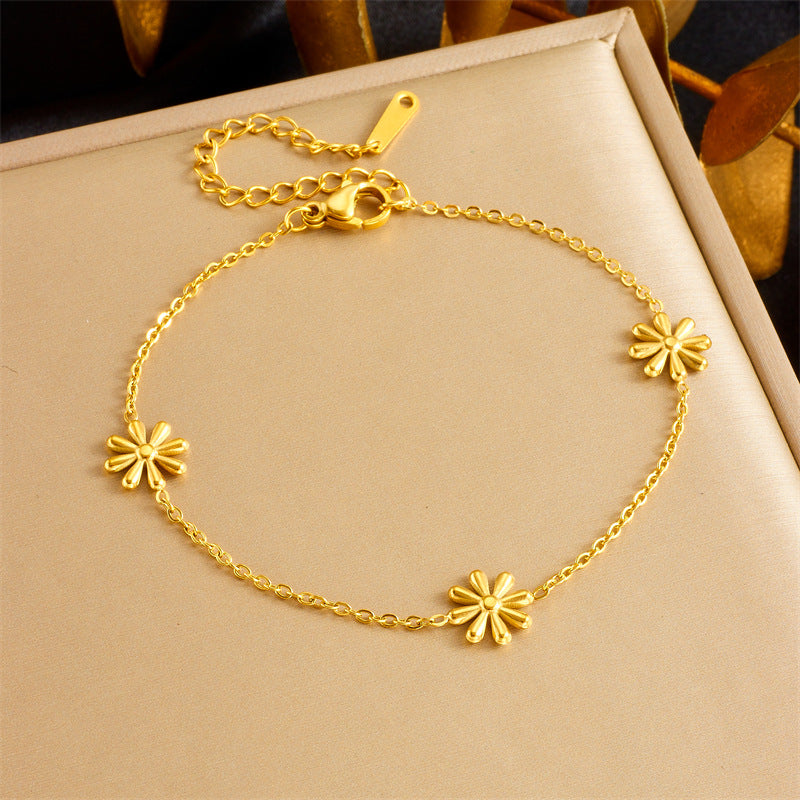 Minimalist Gold Plated Stainless Steel Daisy Flower Necklace and Bracelet Set for Women