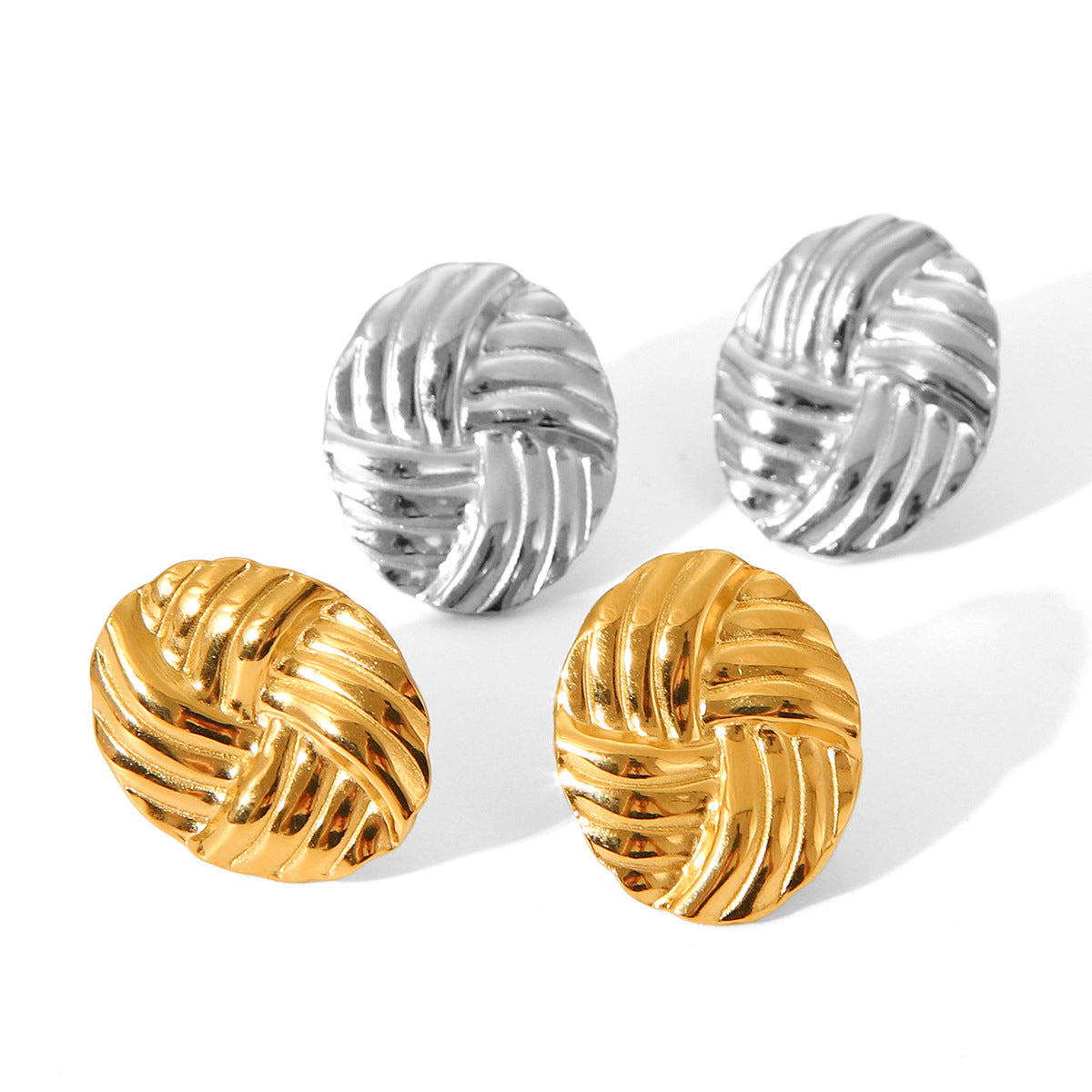 Minimalist Round Titanium Steel Earrings with 18K Gold Plating and Woven Texture for Women