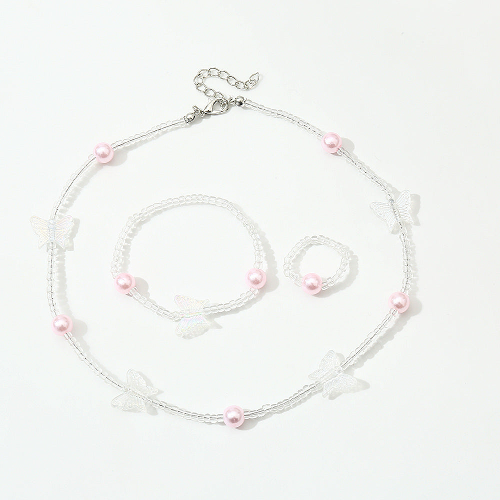Precioso collar de resina con forma de mariposa para niñas con detalles de perlas, cadena de cuentas redondas, estilo princesa, para mayores de 6 años