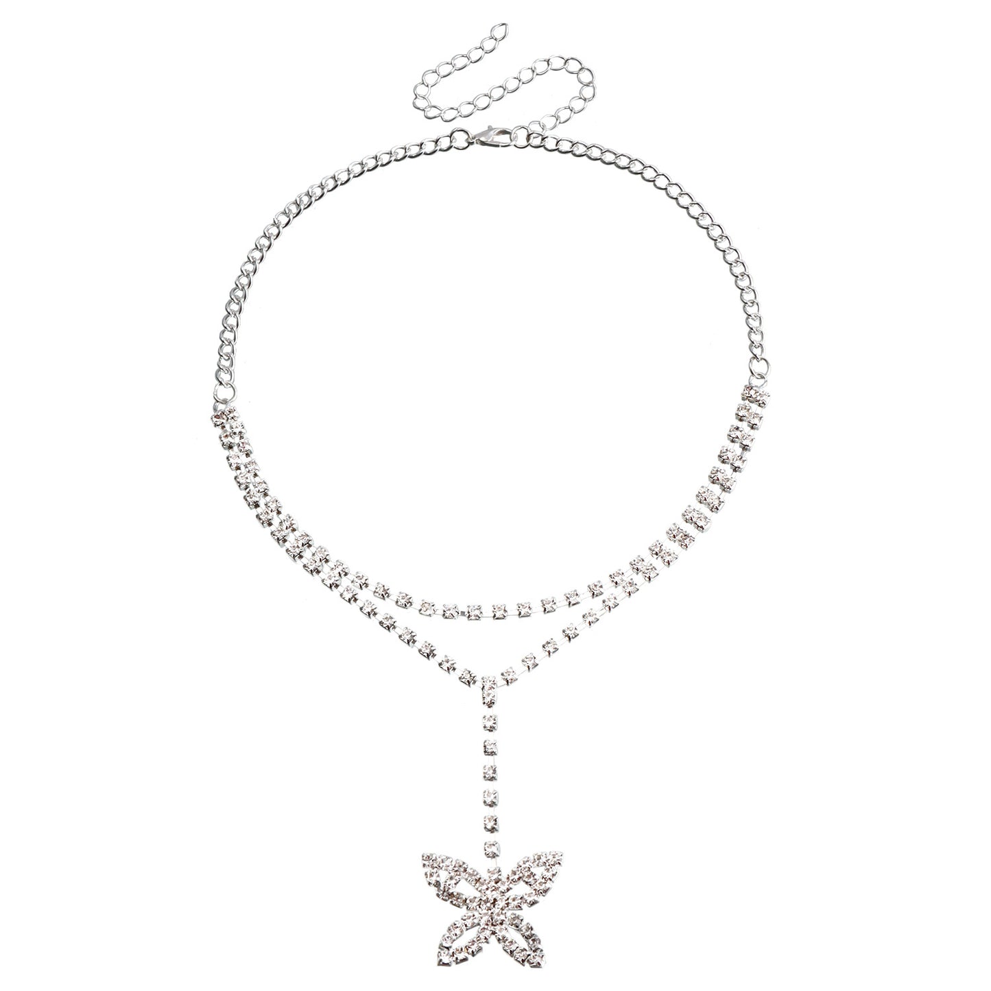 Sweet and Edgy Rhinestone Bow Pendant Necklace with Plated Metal Chain for Women