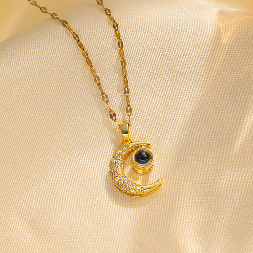Minimalist Moon-Shaped Pendant Necklace in Titanium Steel with Plated Finish and Rhinestone Inlay for Women