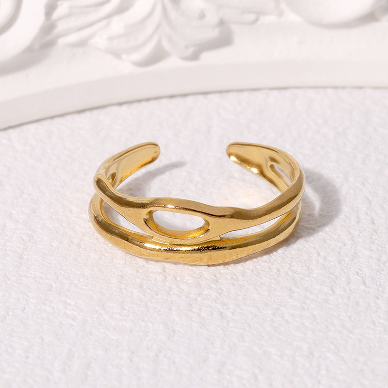 Anello da donna in acciaio inossidabile placcato oro, a doppio strato, geometrico e cavo, stile minimalista