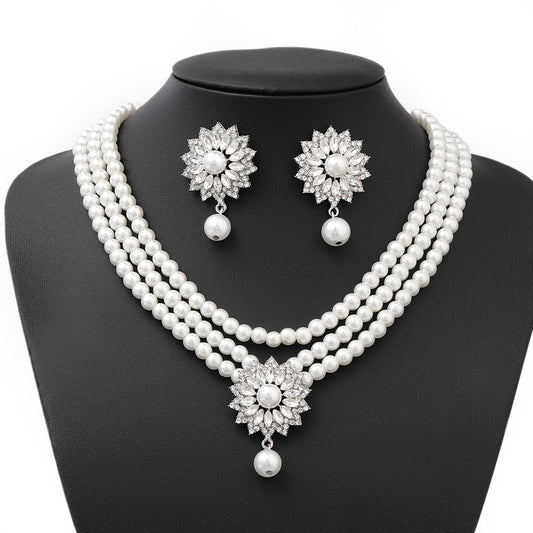 Luxury Floral Pearl Necklace Set for Women Geometric Alloy Pendant with Rhinestone Inlay Snake Chain for Party and Wedding
