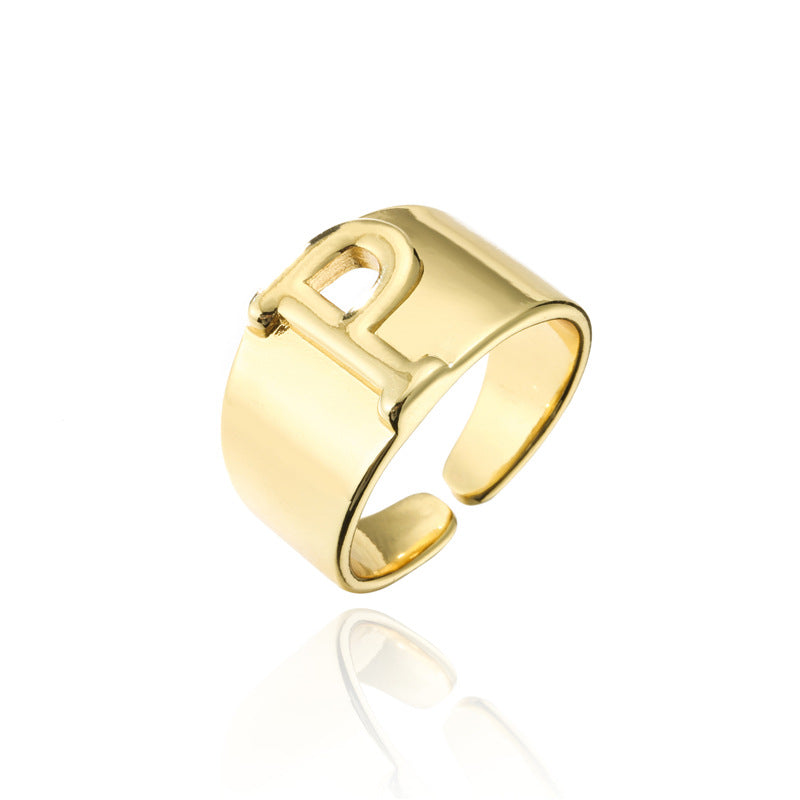 18K Gold Plated Brass Letter Ring Adjustable Open Design for Women