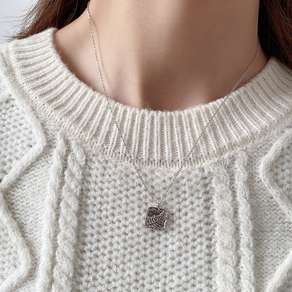 Minimalist Sweet 925 Sterling Silver Rectangle Plant Textured Pendant Necklace for Women