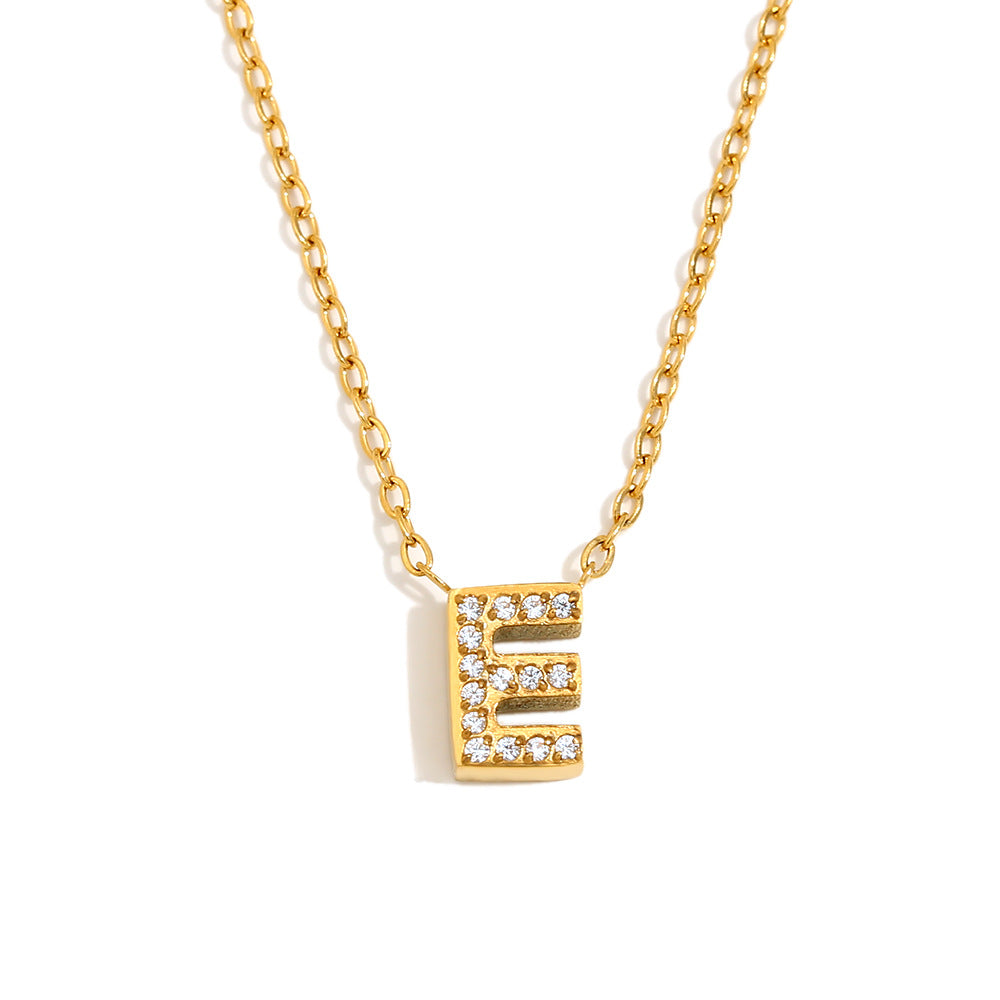 Minimalist Fashion Letter Pendant Necklace for Women Stainless Steel with 18K Gold Plating and Rhinestone Inlay