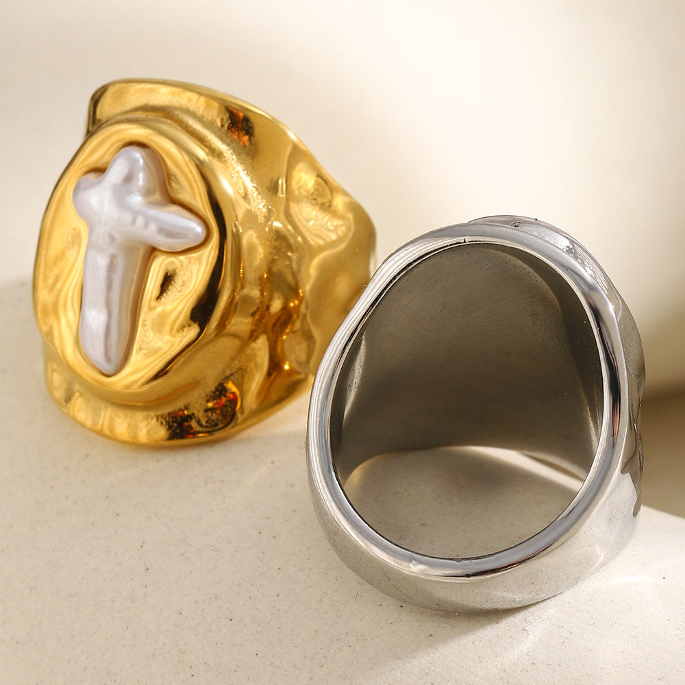 Elegant Minimalist 18K Gold Plated Stainless Steel Cross Oval Imitation Pearl Ring