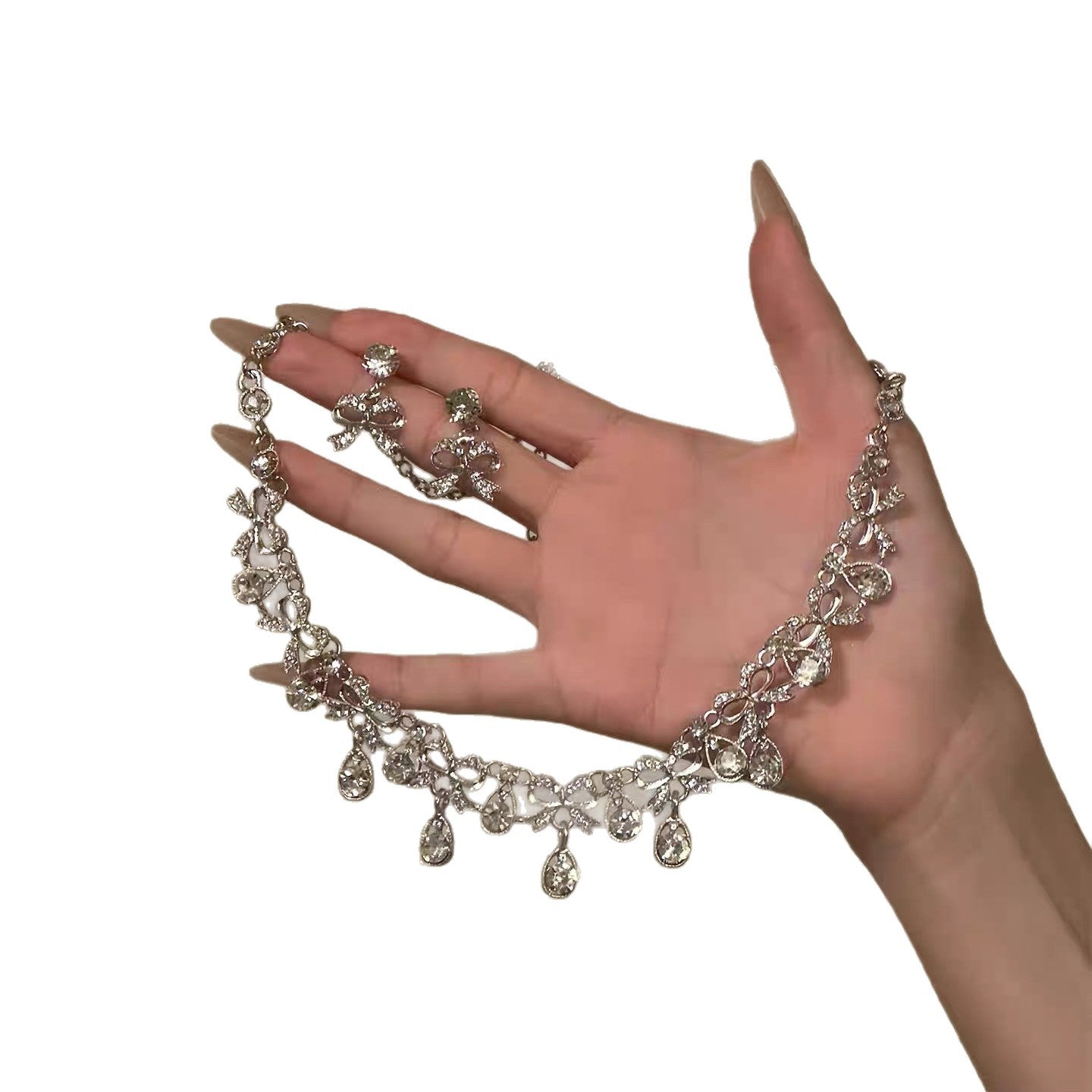 Elegante set collana con ciondolo a goccia e orecchini a perno in lega con intarsio di strass, stile lusso minimalista da donna