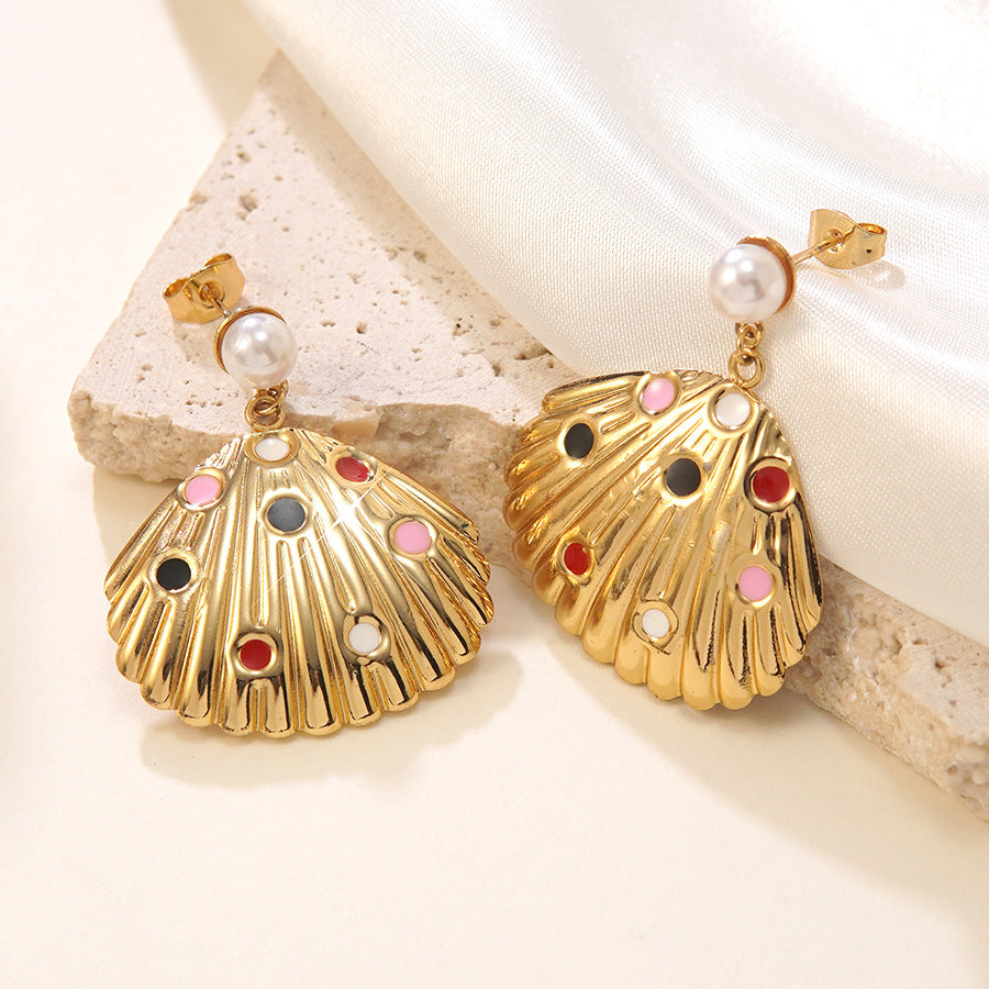 Sweet Fan Shape Stainless Steel Shell Pearl Drip Oil Earrings for Women