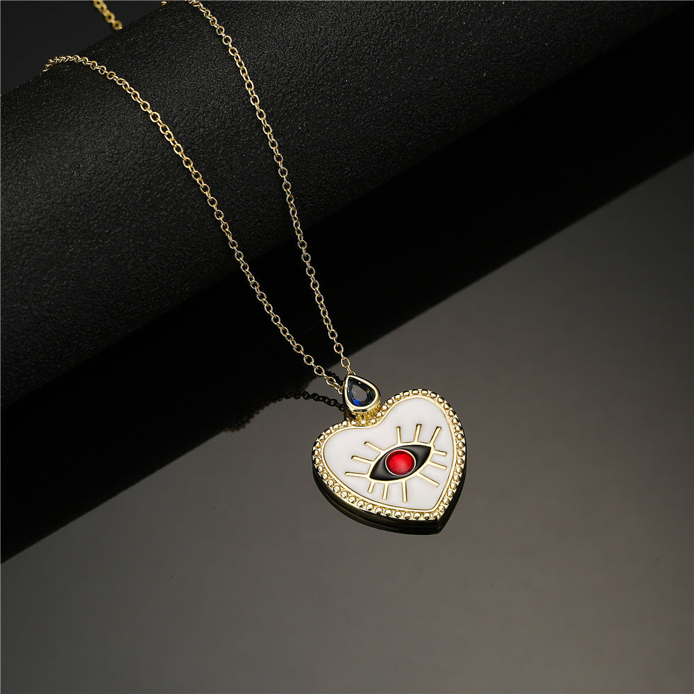 Heart Geometric Drip Oil Gold Plated Brass Necklace with Cubic Zirconia Pendant 45cm Cable Chain