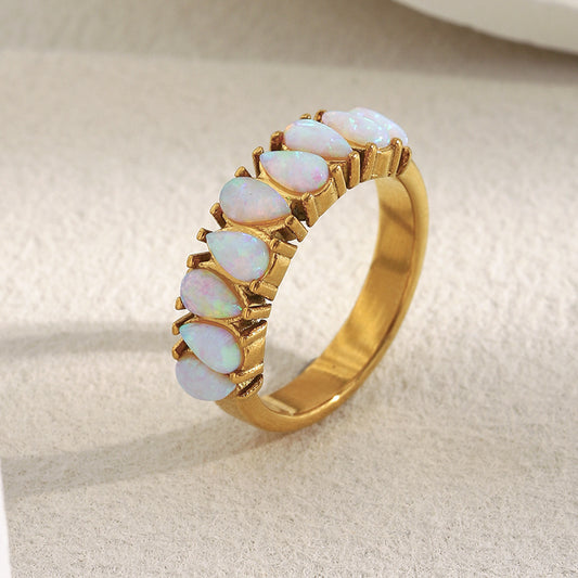 Minimalist Geometric Stainless Steel Plated 18K Gold Luxury Australian Opal Ring for Women