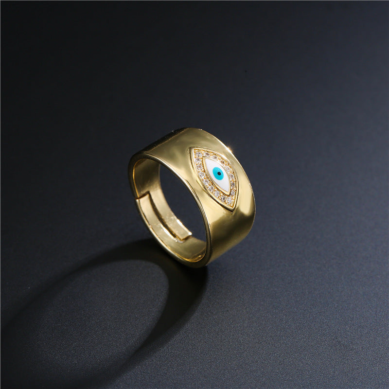 Anello Aperto Occhio di Horo Geometrico Minimalista in Rame Placcato Oro 18K e Zirconi Micro Incastonati