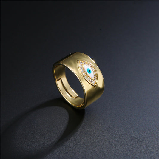 Anillo abierto minimalista de cobre con chapado en oro de 18 quilates y circonitas micropavé con diseño de ojo turco geométrico