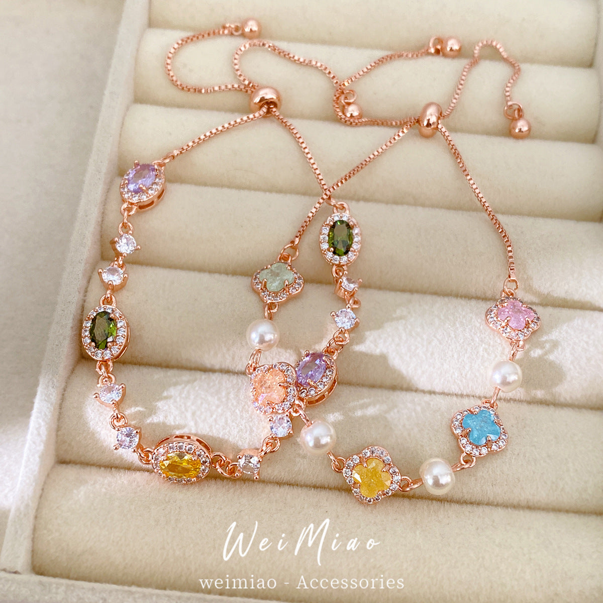 Luxury Sweet Oval Geometric Floral Brass Inlaid Cubic Zirconia Pearl Adjustable Bracelet for Women
