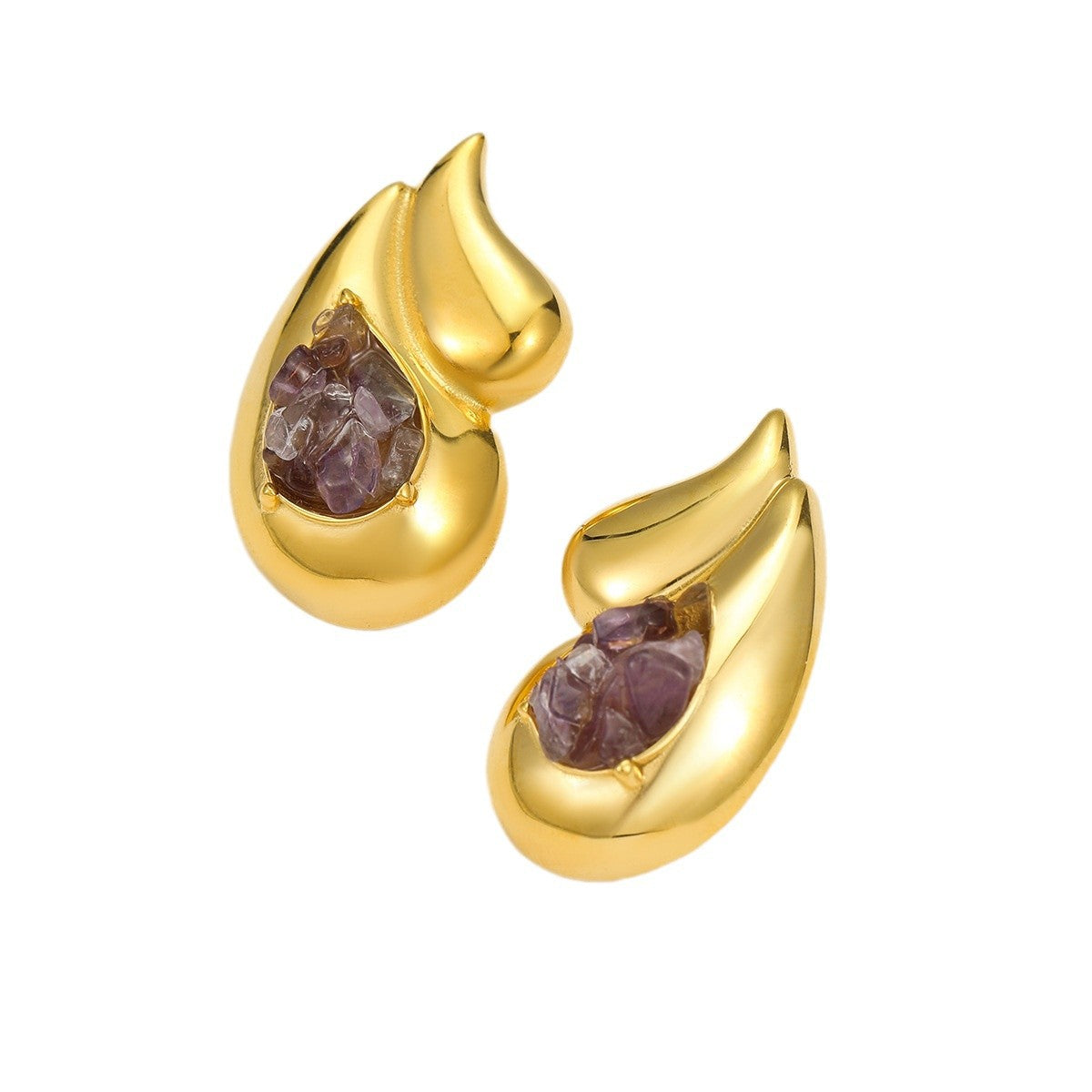 Orecchini a Goccia Doppi in Acciaio al Titanio Lucidato Stile Vintage Minimalista con Dettagli in Pietra Naturale e Placcatura in Oro 18K