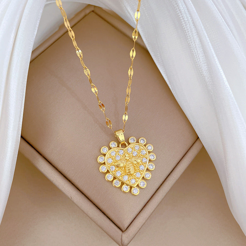 Geometric Heart Pendant Necklace for Women Stainless Steel Chain with Zircon Inlay Luxe Minimalist Locket Necklace