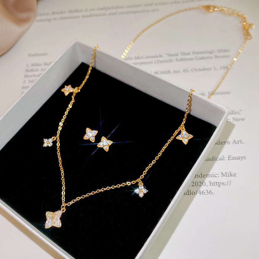 Elegant Floral Design Gold-Plated Copper Necklace and Earrings Set with Zircon Inlay for Women
