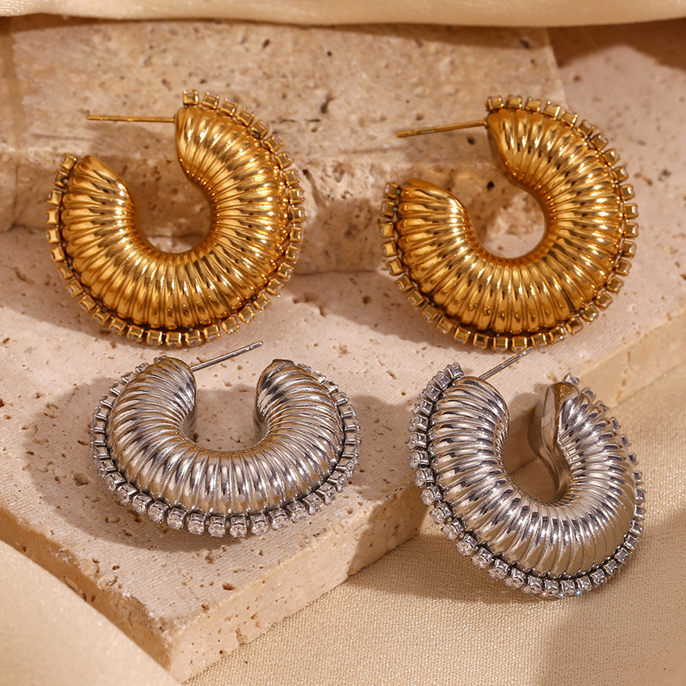 Fashionable Geometric Stainless Steel Hoop Earrings with 18K Gold Plating and Zircon Inlay for Women
