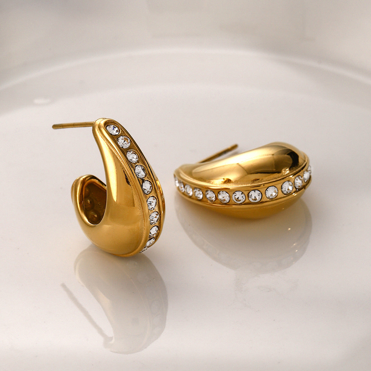 Minimalist Geometric C-Shaped Hollow-Out Rhinestone-Embellished 18K Gold Plated Stainless Steel Earrings for Women