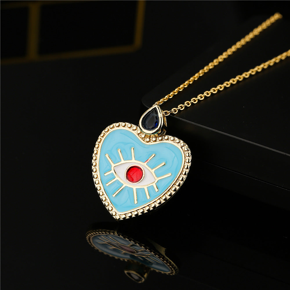 Heart Geometric Drip Oil Gold Plated Brass Necklace with Cubic Zirconia Pendant 45cm Cable Chain