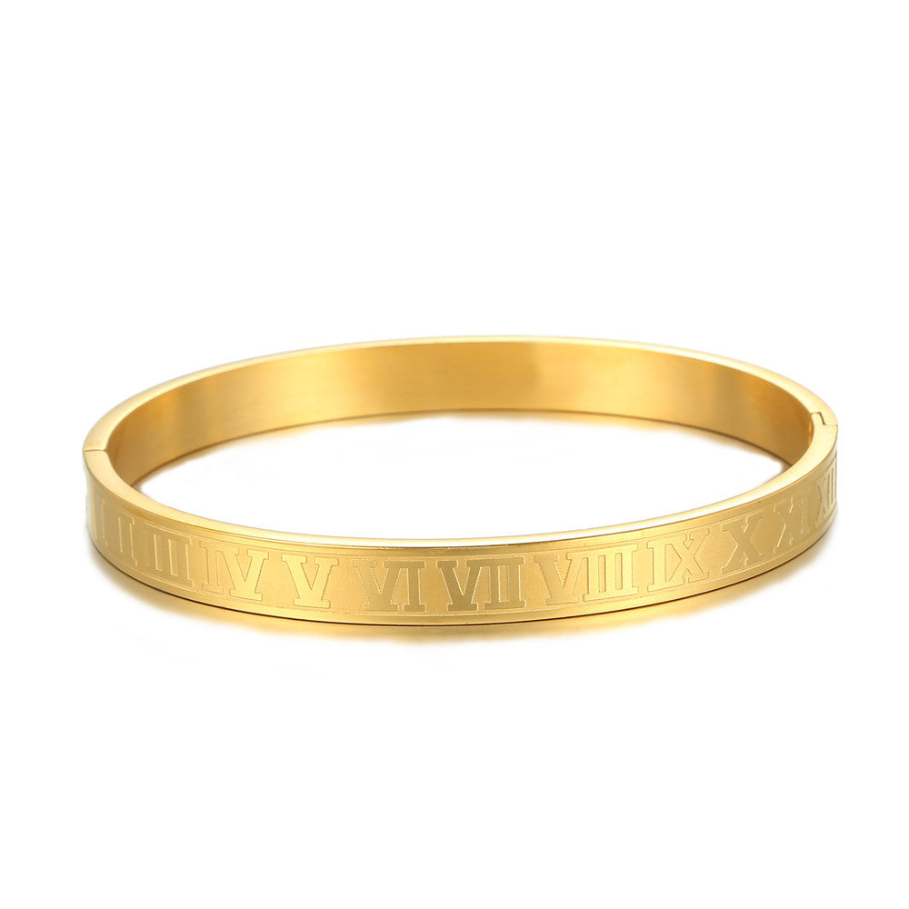 Punk Hip-hop Large Roman Letter Geometric Round Titanium Steel Stainless Steel Plated Open Cuff Bracelet for Unisex