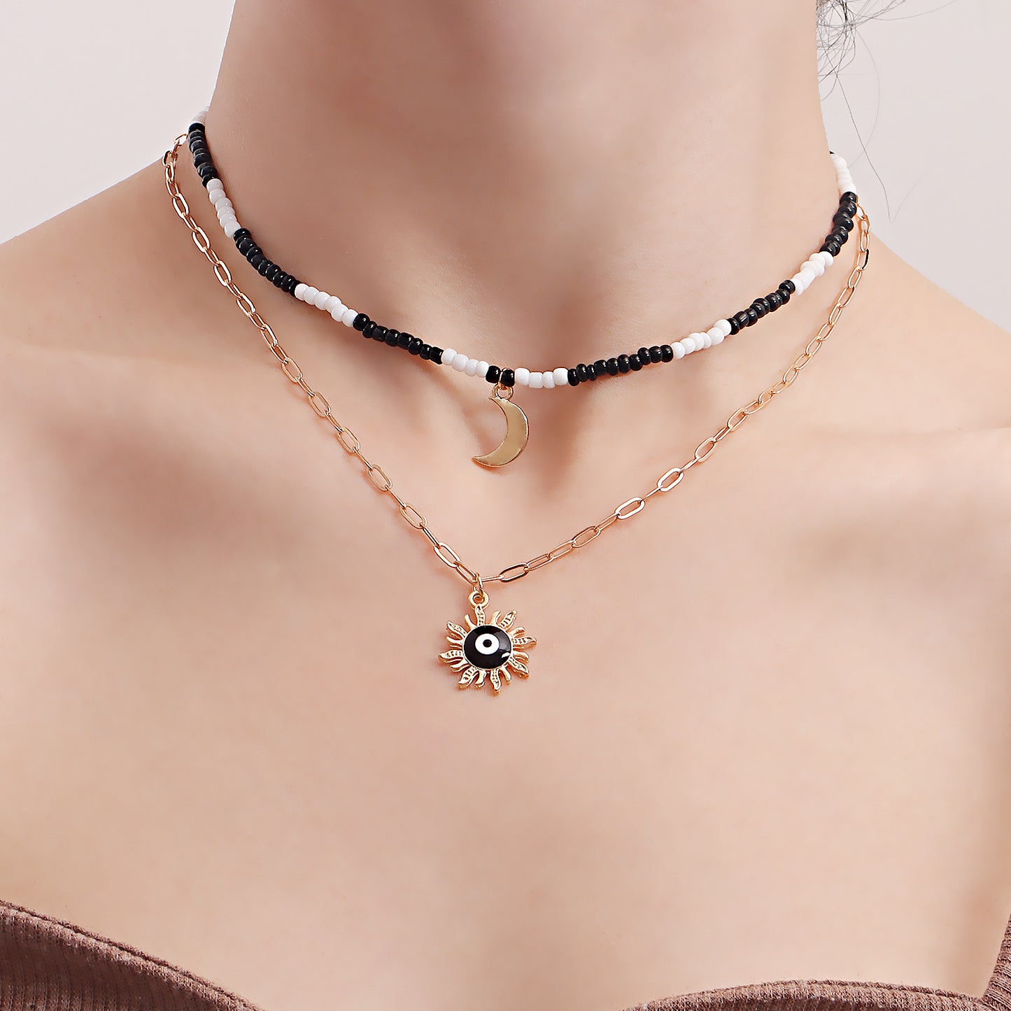 Bohemian Mixed-Color Miyu Moon and Evil Eye Pendant Necklace for Women with Alloy Construction and Electroplated Finish