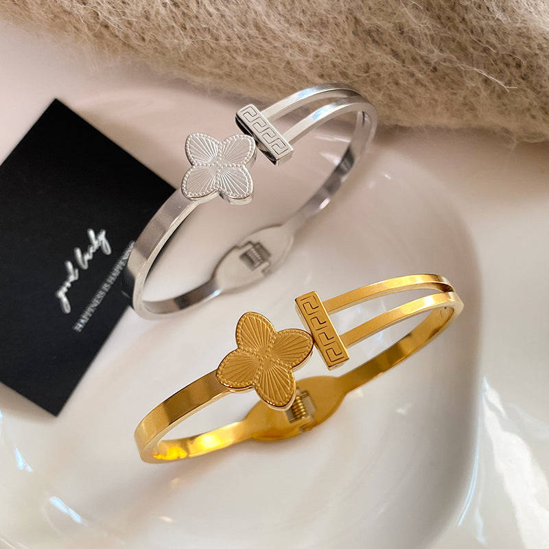 Minimalist Laser Plated Floral Titanium Steel Open Cuff Bracelet