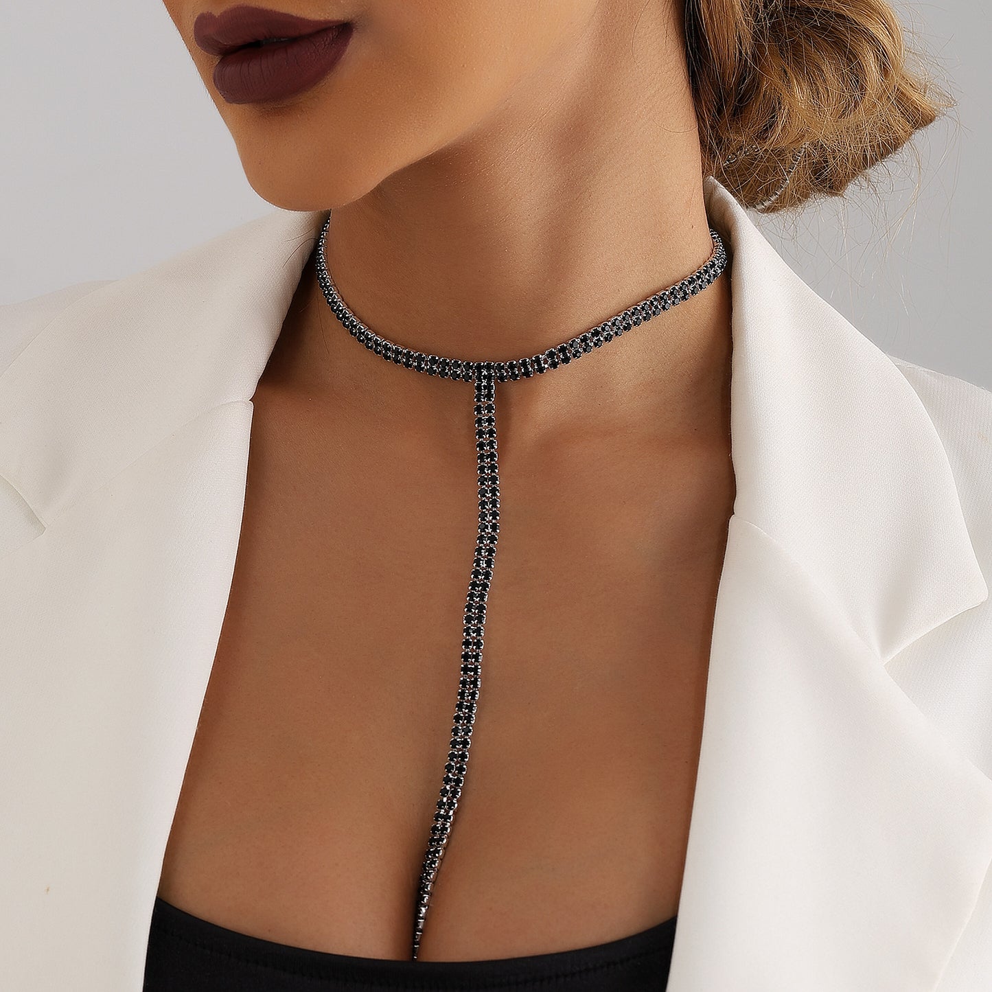 Geometric T-Shaped Black Rhinestone Double Layer Clavicle Necklace for Women with Plated Metal Chain