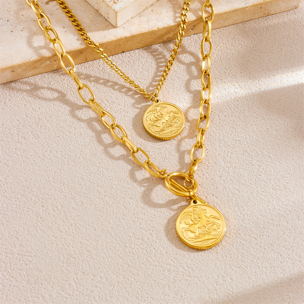 Collana con ciondolo tondo doppio lato con ritratto vintage in acciaio inossidabile placcato oro, catena a serpente da donna